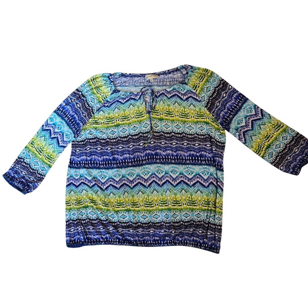 Jones New York Sport Women XXL Blue Green Ikat Geometric 3/4 Sleeve Peasant Top - Picture 1 of 8